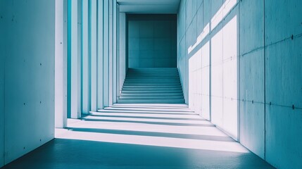 Light-filled, modern concrete hallway with stairs