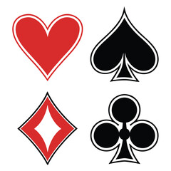 Classic Card Suits Heart Diamond Spade and Club Symbols for Games and Entertainment Red and Black Colors on White Background