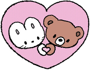 하트 안에 있는 토끼와 곰돌이 캐릭터 컬러 손그림 © titi.drawing