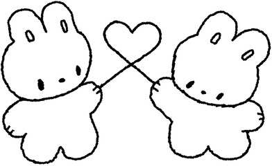 하트를 들고 마주 보고 있는 토끼 캐릭터 흑백 손그림 © titi.drawing