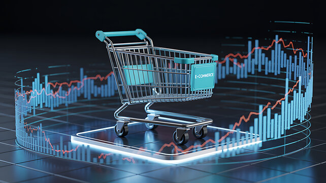 Futuristic Shopping Cart with E-Commerce Label Surrounded by Digital Financial Graphs and Analytics Representing Online Retail Growth and Market Trends