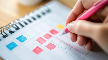 Focused woman writing in planner at home office during daytime