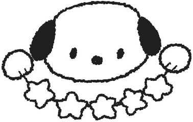 별 가랜드를 든 흑백 강아지 캐릭터 손그림 일러스트