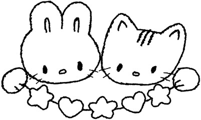 하트와 별 가랜드를 든 토끼와 고양이 캐릭터 손그림 드로잉 © titi.drawing