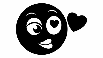 Black emoji face with a heart in the eye and a heart floating next to its head on a white background