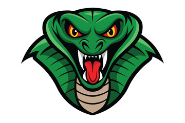 Obraz premium Cartoon Green Cobra Snake with Fangs and Yellow Eyes on a White Background