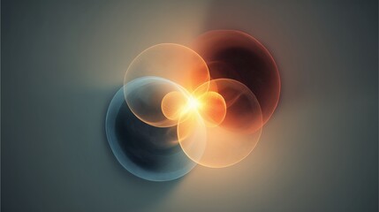 Radiant Energy: Abstract, circular elements of light in warm orange and cool blue tones converge, forming a vibrant focal point on a serene, diffused backdrop, suggestive of energy.