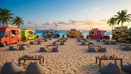 A colorful row of food trucks lined up on a tropical beach at sunset, offering street food with ocean views and a festive seaside atmosphere. Beach towels and coconuts decorate the sand.
