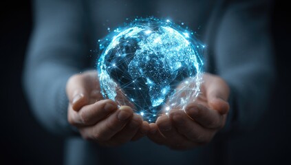 A digital globe, glowing with network connections, held in cupped hands