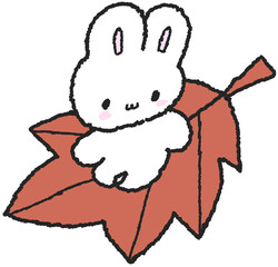 단풍잎 위에 앉은 토끼 손그림 스티커