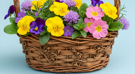 Decorative floral basket filled with edible flowers and herbs, springtime feel