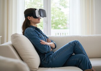 Obraz premium Young woman wearing virtual reality headset sitting comfortably on a sofa