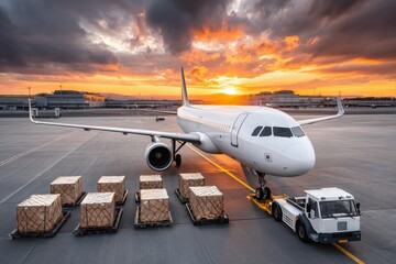Fototapeta premium Efficient Air Cargo Terminal Operations with Loading Plane on Tarmac - Logistics and Copy Space Concept