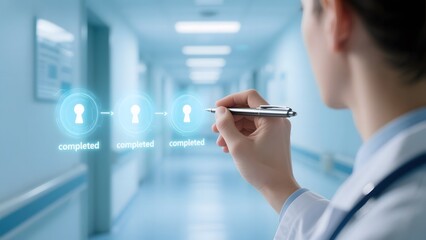Medical professional in a hospital hallway with digital task completion indicators