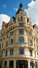 Fototapeta premium Ornate, pastel-yellow building with multiple levels, decorative details, and a cupola