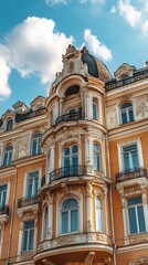 Obraz premium Ornate, sun-drenched, pastel-yellow building facade with detailed architecture, balconies, and arched windows