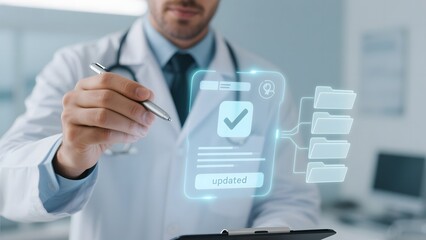 Doctor interacting with a digital tablet displaying an updated medical record interface.