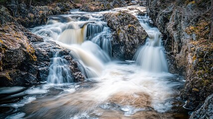 Fototapeta premium Close-up of waterfall rushing over black rocks