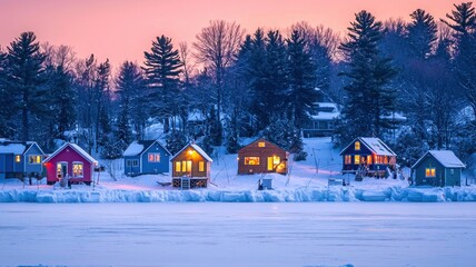 Sunset over ice fishing huts in remote winter landscape