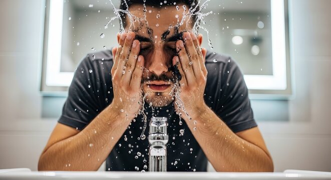 Man washing face with water in bathroom sink for skincare routine and hygiene wellness and personal care