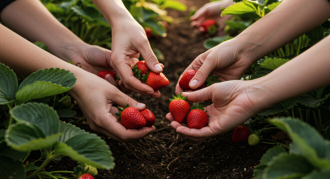 Community harvest of fresh strawberries. Multiple hands carefully picking ripe red berries from the plant in a field. - Powered by Adobe