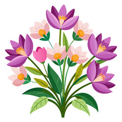 Obraz premium Vibrant bouquet of purple and pink spring flowers with green leaves
