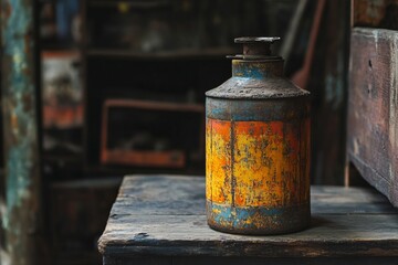 Fototapeta premium Rusted, colorful can on wooden shelf in dark workshop