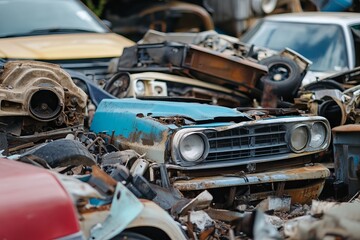 Fototapeta premium Rusty, discarded cars in a junkyard