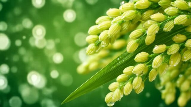 Closeup of fresh green millet with water drops on a blurry green background.