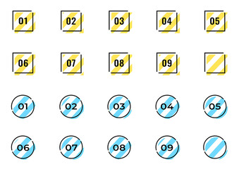Modern Striped Number Icon Set (1-9) - Square and Circle Bullet Points for Infographics and UI Design