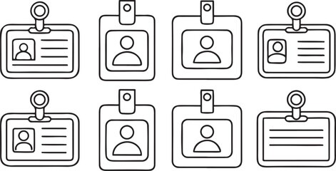 Isolated black ID card holder icons, employee badge, name tag, security access, visitor pass, editable vector for office identification, workplace security and event credentials