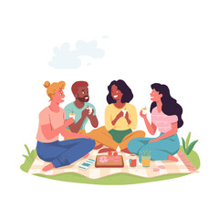 Group of Friends Enjoying a Sunny Picnic in Flat Design