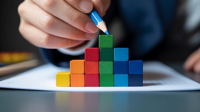 Person strategically placing colorful blocks to build upward progress on a chart