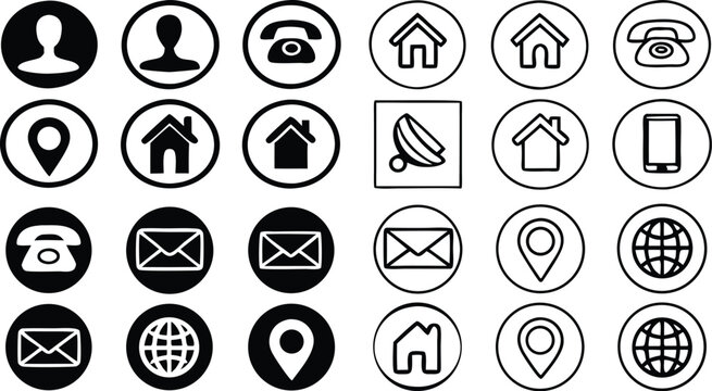 Contact Information Icons Collection in Black and White for Website and Business Cards Communication Symbols Vector Illustration