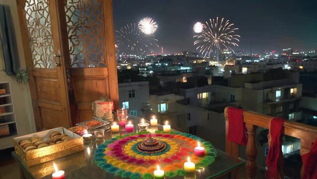 Diwali decorations, fireworks, and a cityscape in india. Suitable for festive marketing materials, travel blogs, and cultural websites.