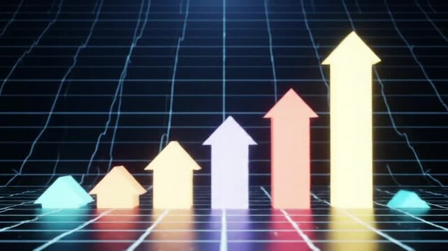 3D growth chart with rising arrows on a digital business background