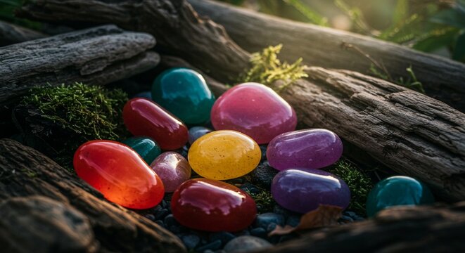 Collection of polished colorful gemstones nestled among moss and weathered wood