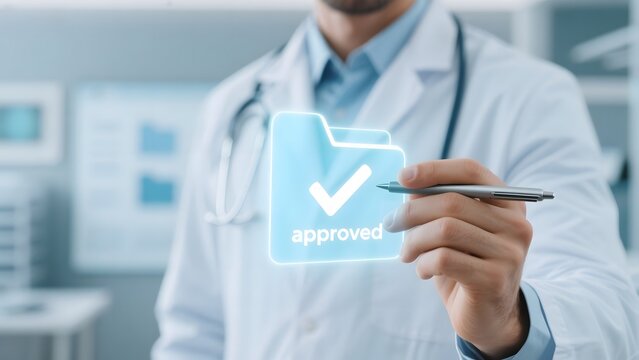 Doctor holding a pen, interacting with a holographic 'approved' folder in a medical setting