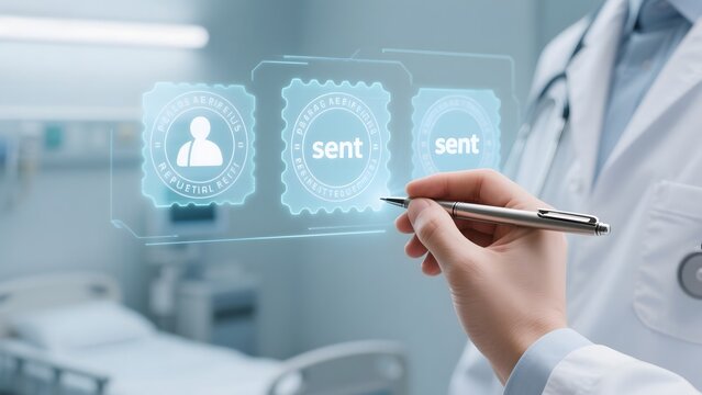 Doctor interacting with digital interface displaying 'sent' notifications in a hospital setting