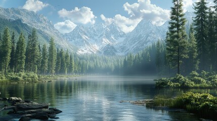 Serene Mountain Lake Landscape: Majestic Peaks Reflecting in Tranquil Waters