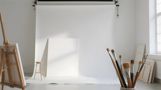 Art Studio Setup with Easel, Paintbrushes, and White Backdrop