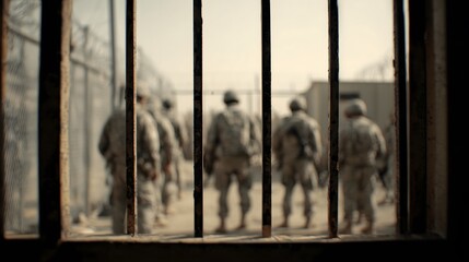 Blurred view of armed soldiers through prison bars in a secured facility, symbolizing war, captivity, military control, conflict zones, and restricted detention environments
