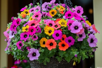 Fototapeta premium Vibrant colorful flowers in a hanging basket