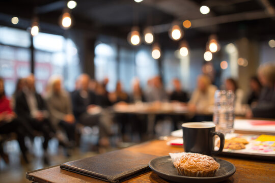 A bright conference room with free coffee and muffins on a side table Attendees listen as the organizer explains the day’s agenda The mood is curious and open