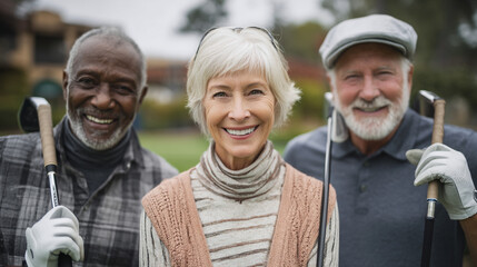 Three smiling senior golfers posing with clubs on a golf course outing