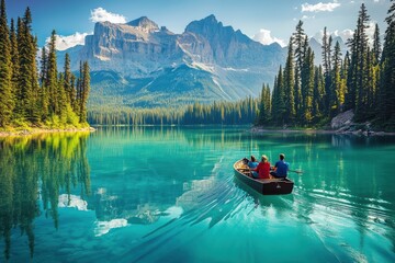 Serene Emerald Lake Boat Ride in the Canadian Rockies: A Family Adventure Amidst Stunning Mountain Scenery