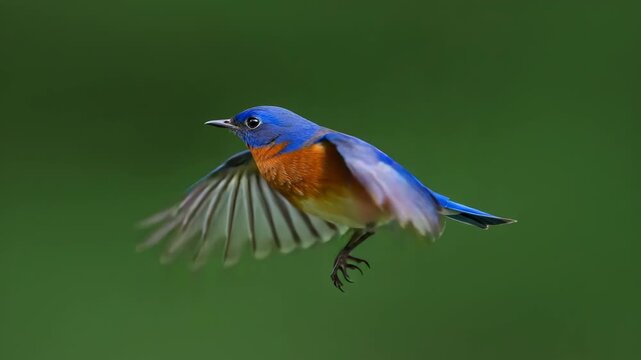 Eastern bluebird in flight with wings spread against a green background