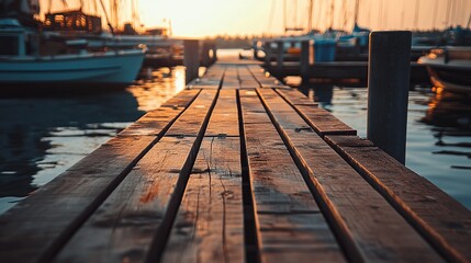 Wooden pier at sunset over calm water, boats moored