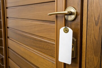 Close-up of a modern wooden hotel door with metallic handle and blank white hanger. Clean template for mockup, signage, branding, hospitality, travel, or accommodation themes.