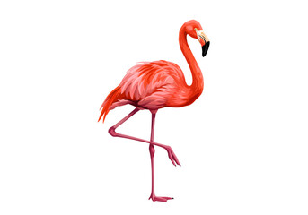 Obraz premium Elegant pink flamingo illustration standing gracefully on one leg. Stylized bird with vibrant coral feathers and a curved neck.